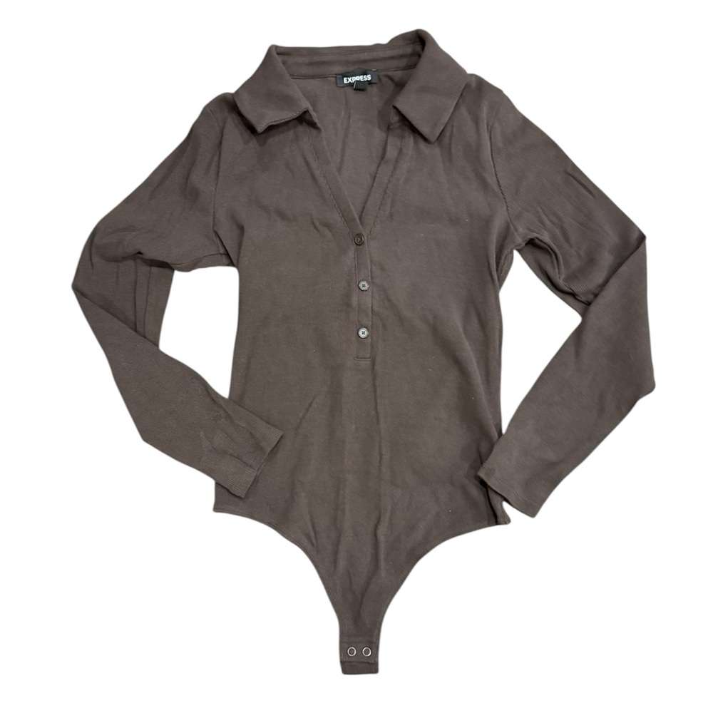 Express Chocolate Brown Long Sleeve V Neck Bodysuit Size Medium